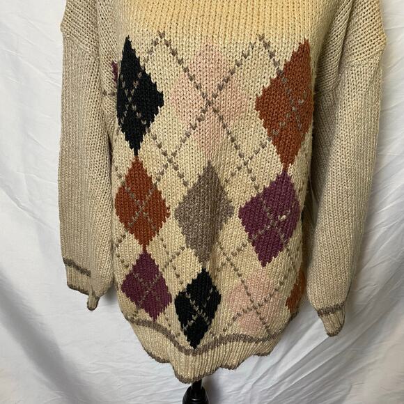 Vintage Midnight Blues Women's Argyle Turtleneck Sweater Large Knitted by Hand - Picture 2 of 10